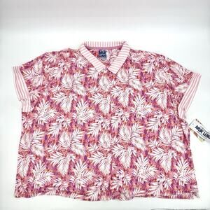 MUK LUKS Button Down Shirt Top Palm Print Short Sleeve Pink White Size T5X Soft!